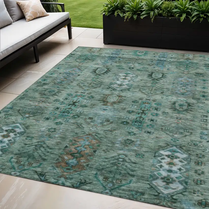 Green And Teal Blue Tribal Washable Indoor Outdoor Area Rug Photo 2