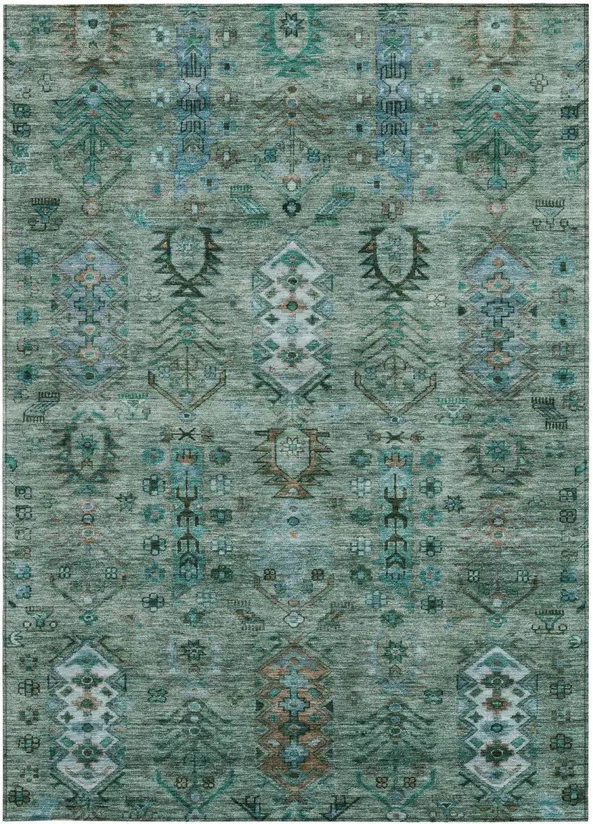 Green And Teal Blue Tribal Washable Indoor Outdoor Area Rug Photo 4