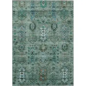 Photo of Green And Teal Blue Tribal Washable Indoor Outdoor Area Rug