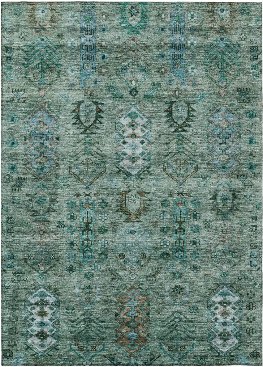 Green And Teal Blue Tribal Washable Indoor Outdoor Area Rug Photo 1