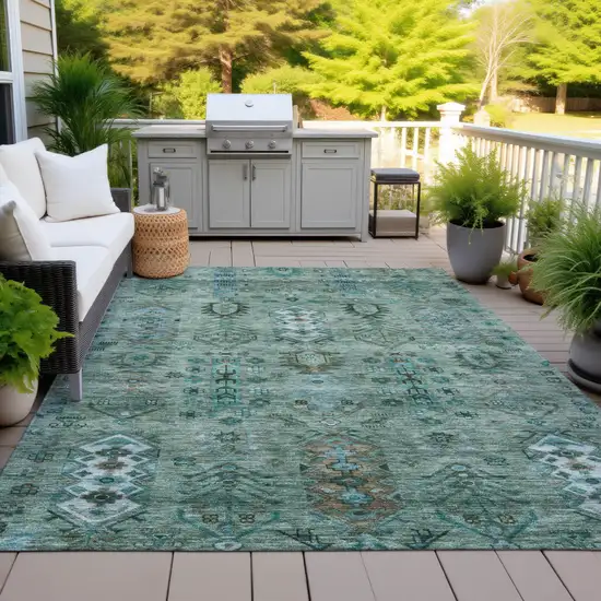 Green And Teal Blue Tribal Washable Indoor Outdoor Area Rug Photo 5