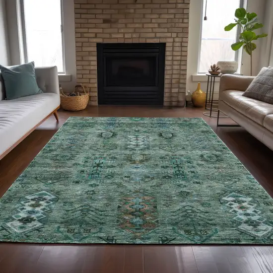 Green And Teal Blue Tribal Washable Indoor Outdoor Area Rug Photo 7