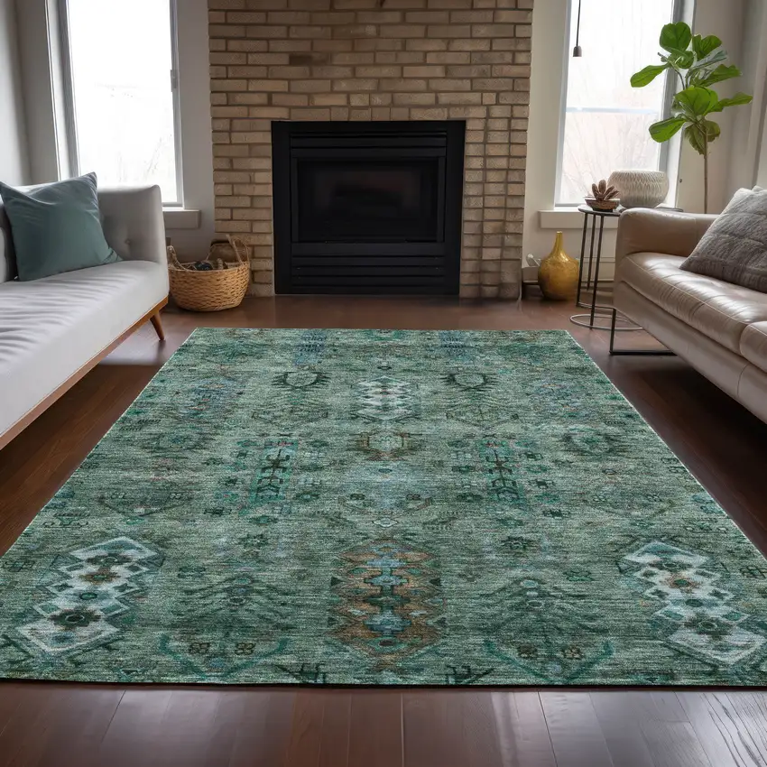 Green And Teal Blue Tribal Washable Indoor Outdoor Area Rug Photo 7