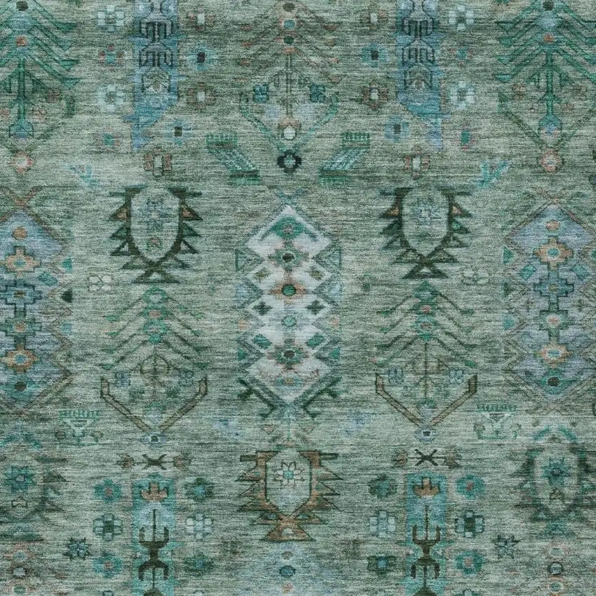 Green And Teal Blue Tribal Washable Indoor Outdoor Area Rug Photo 6