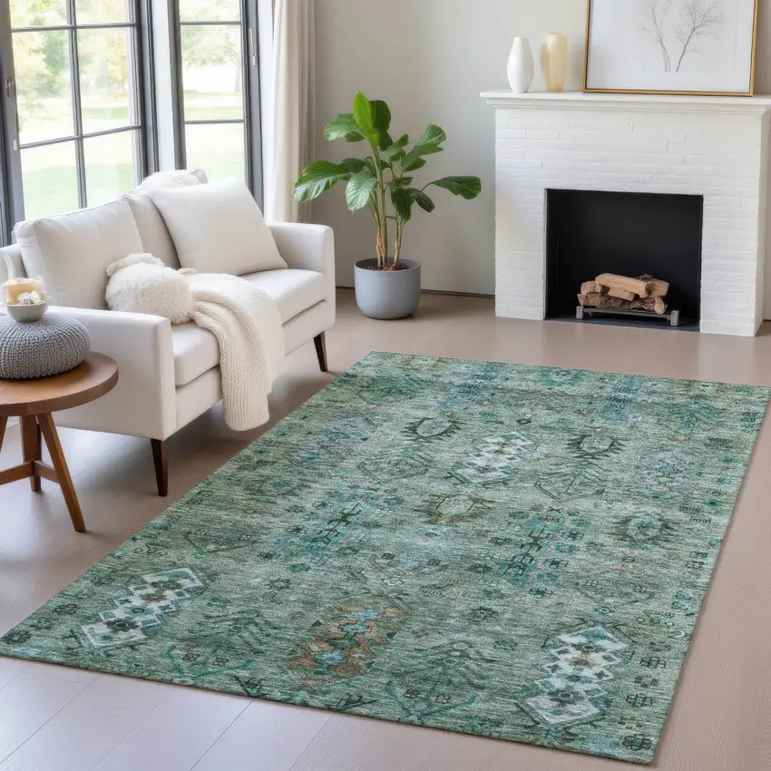 Green And Teal Blue Tribal Washable Indoor Outdoor Area Rug Photo 6