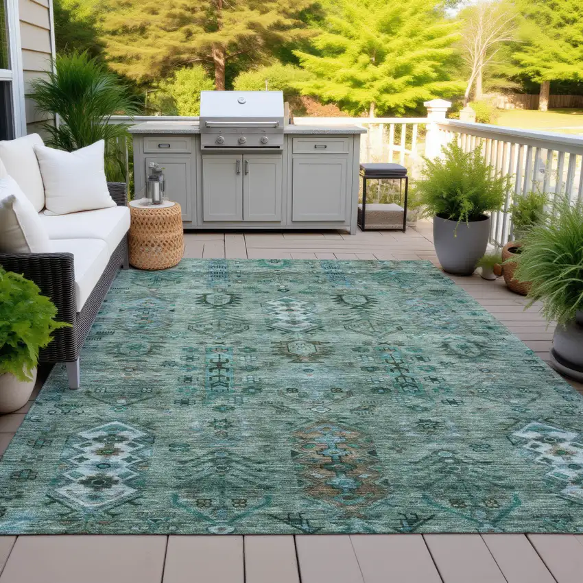 Green And Teal Blue Tribal Washable Indoor Outdoor Area Rug Photo 5