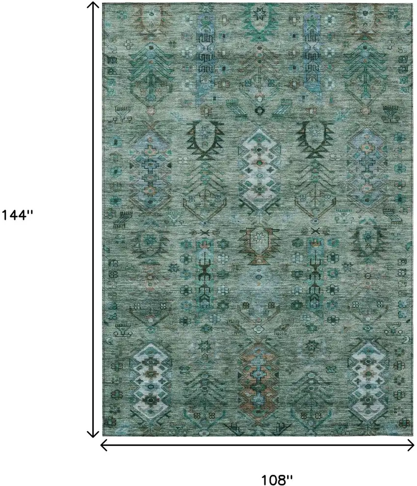 Green And Teal Blue Tribal Washable Indoor Outdoor Area Rug Photo 9