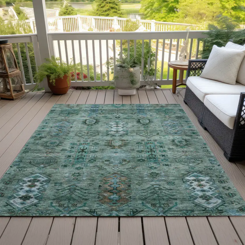 Green And Teal Blue Tribal Washable Indoor Outdoor Area Rug Photo 8