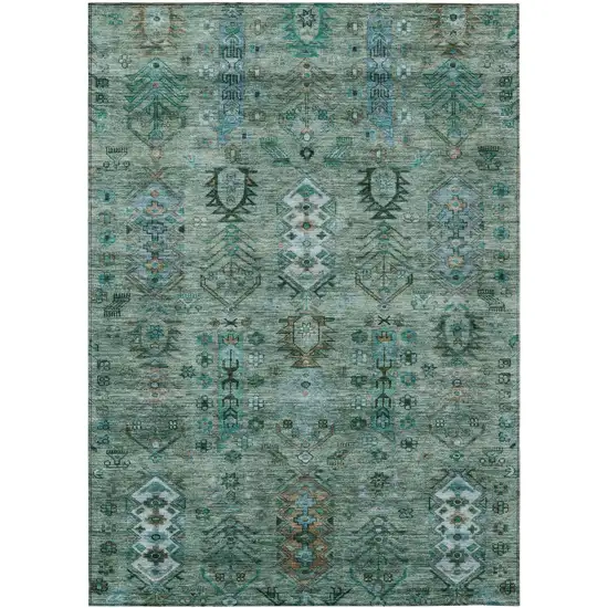 Green And Teal Blue Tribal Washable Indoor Outdoor Area Rug Photo 1