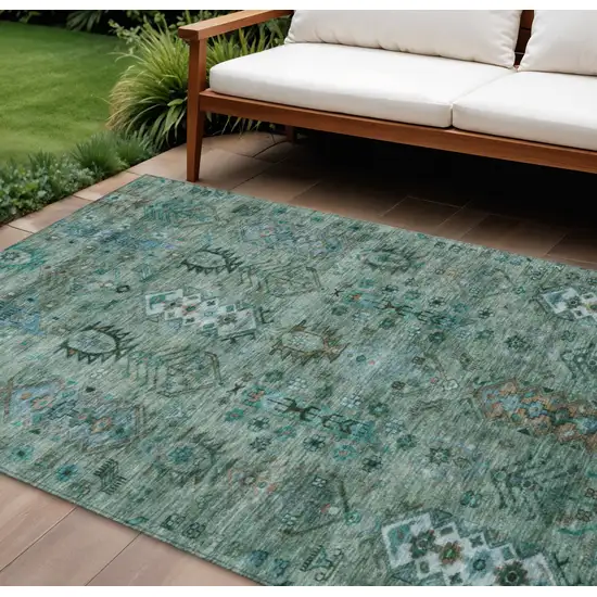 Green And Teal Blue Tribal Washable Indoor Outdoor Area Rug Photo 2