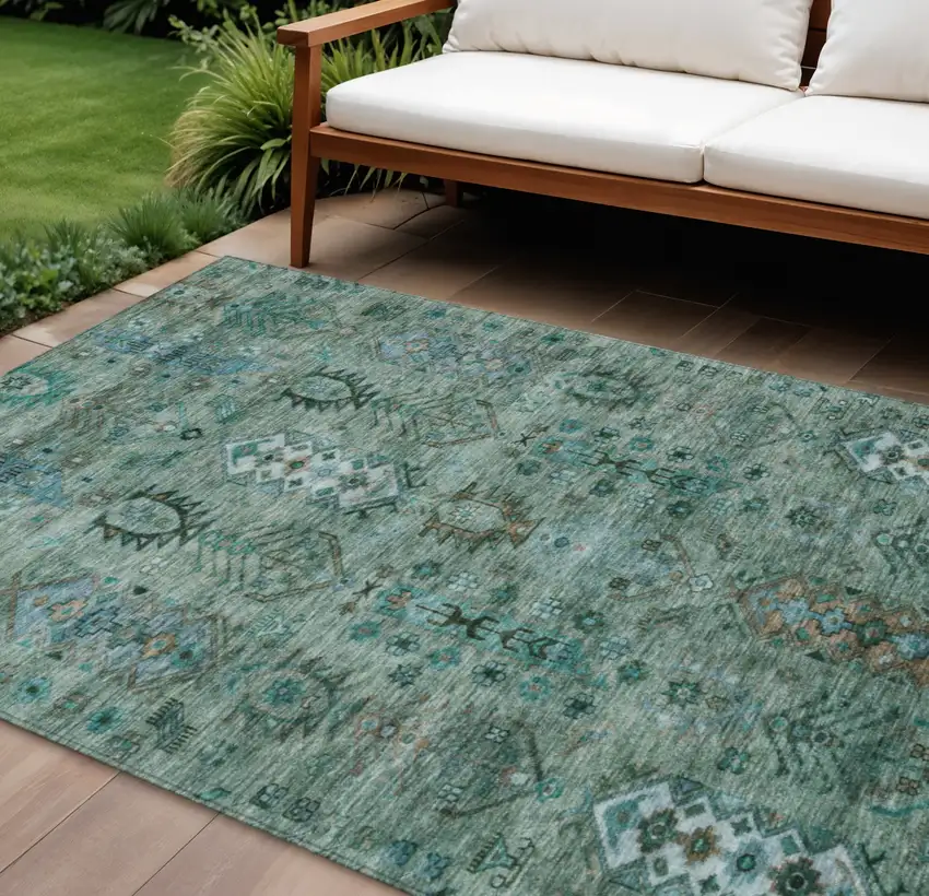 Green And Teal Blue Tribal Washable Indoor Outdoor Area Rug Photo 2