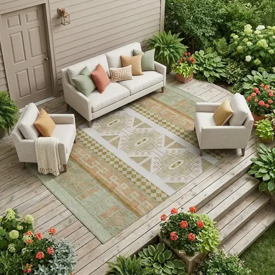 Green And Teal Blue Tribal Washable Indoor Outdoor Area Rug Photo 1