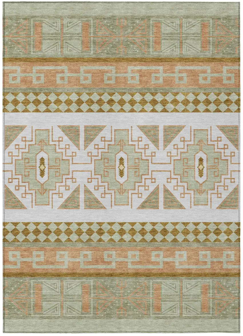 Green And Teal Blue Tribal Washable Indoor Outdoor Area Rug Photo 2
