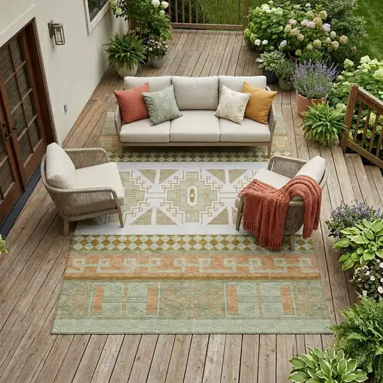Green And Teal Blue Tribal Washable Indoor Outdoor Area Rug Photo 1