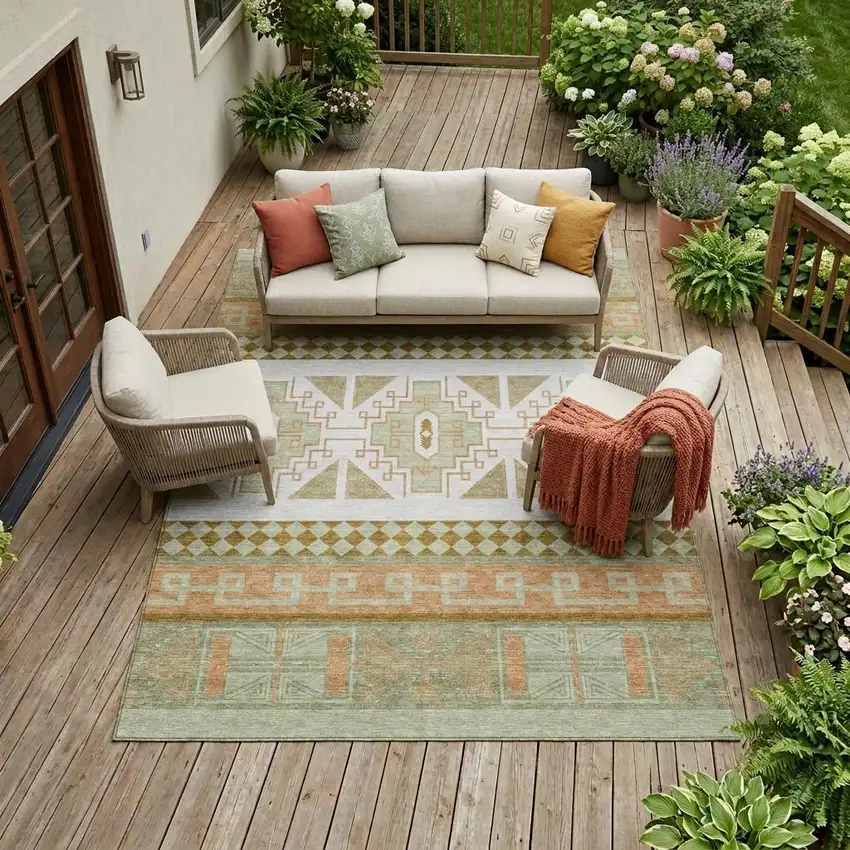 Green And Teal Blue Tribal Washable Indoor Outdoor Area Rug Photo 1