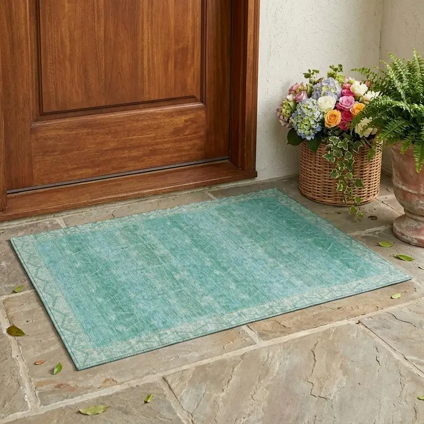 Green And Teal Blue Tribal Washable Indoor Outdoor Area Rug Photo 1