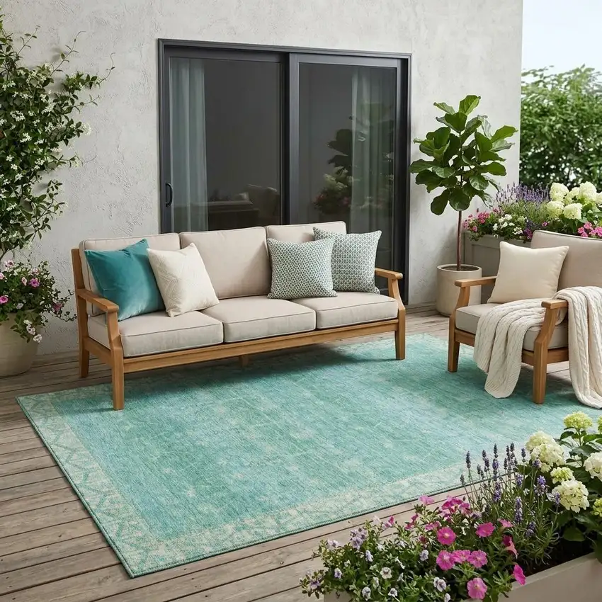 Green And Teal Blue Tribal Washable Indoor Outdoor Area Rug Photo 1