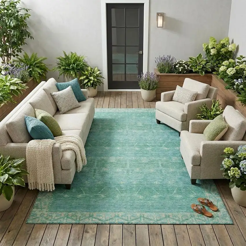 Green And Teal Blue Tribal Washable Indoor Outdoor Area Rug Photo 1