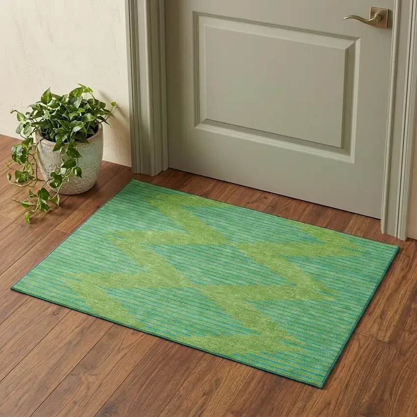 Green And Teal Geometric Washable Area Rug With UV Protection Photo 1