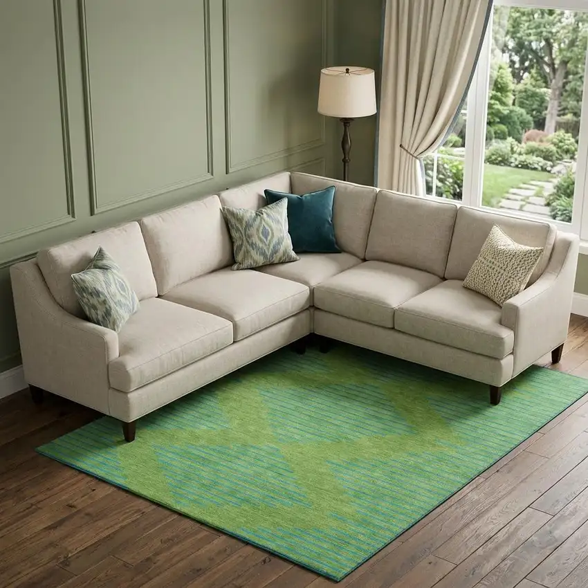 Green And Teal Geometric Washable Area Rug With UV Protection Photo 1