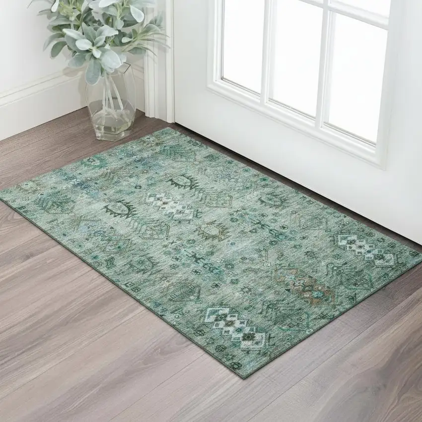 Green And Teal Southwestern Washable Area Rug With UV Protection Photo 2
