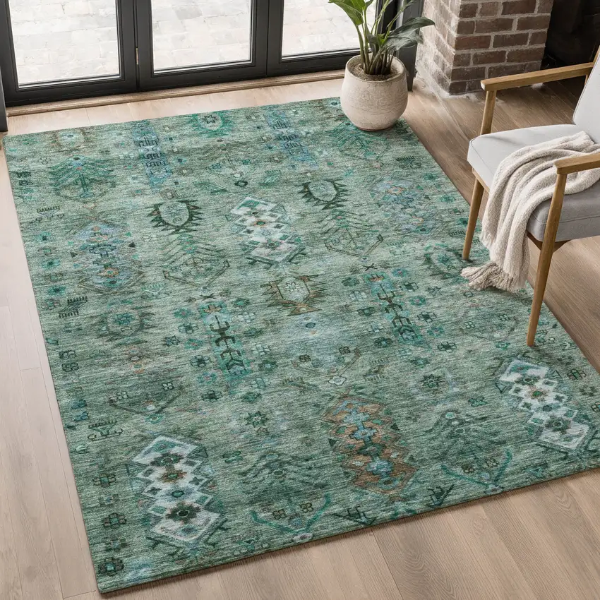 Green And Teal Southwestern Washable Area Rug With UV Protection Photo 5