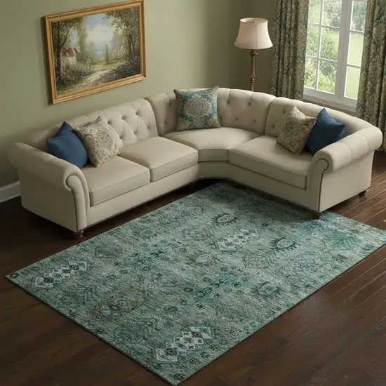 Green And Teal Southwestern Washable Area Rug With UV Protection Photo 1