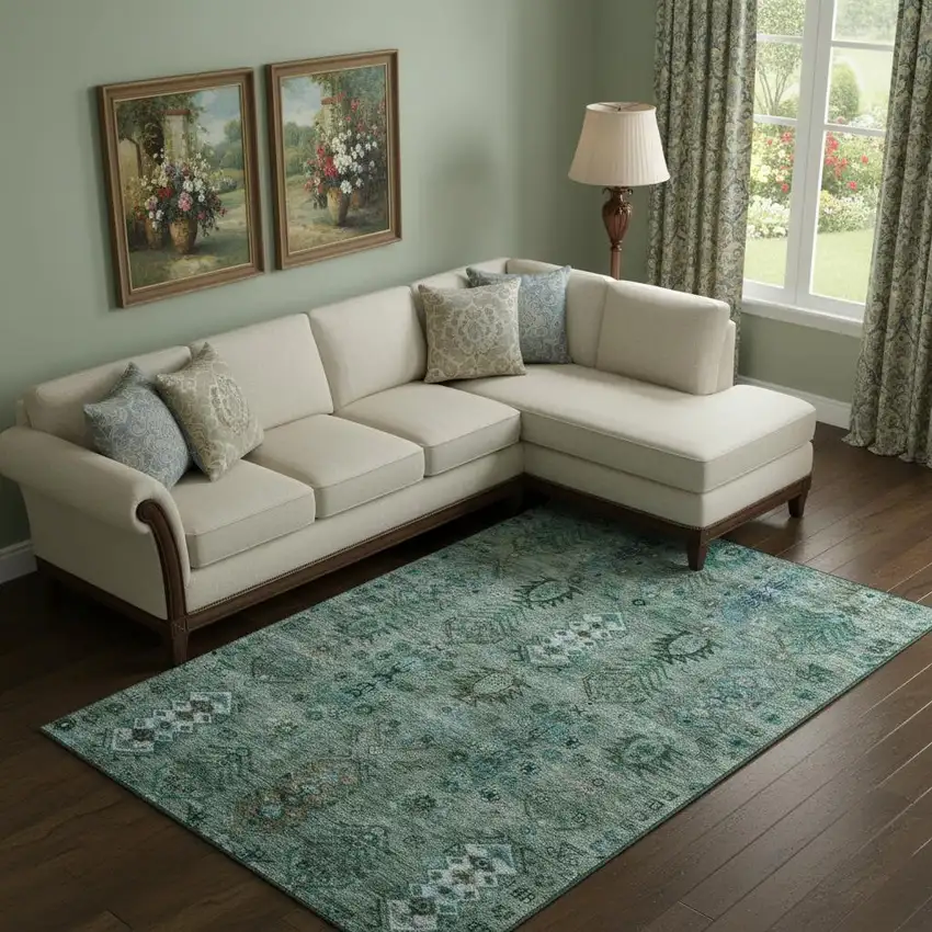 Green And Teal Southwestern Washable Area Rug With UV Protection Photo 2