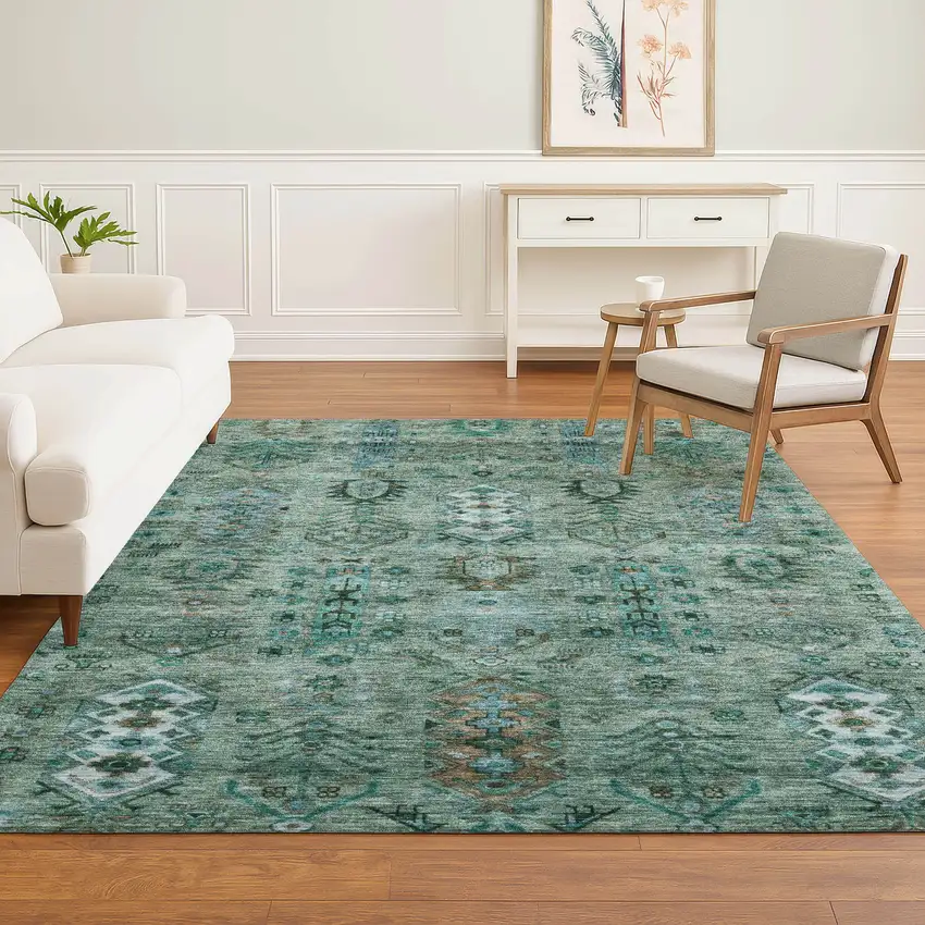 Green And Teal Southwestern Washable Area Rug With UV Protection Photo 6