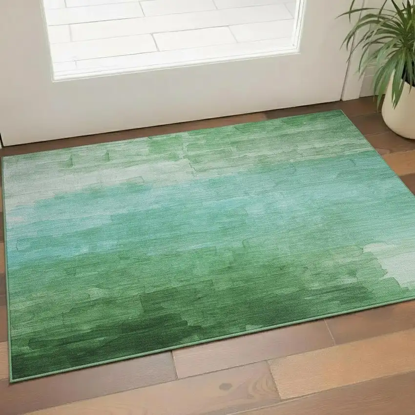Green And Teal Striped Washable Area Rug With UV Protection Photo 2