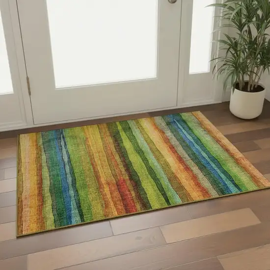 Green And Teal Striped Washable Area Rug With UV Protection Photo 2