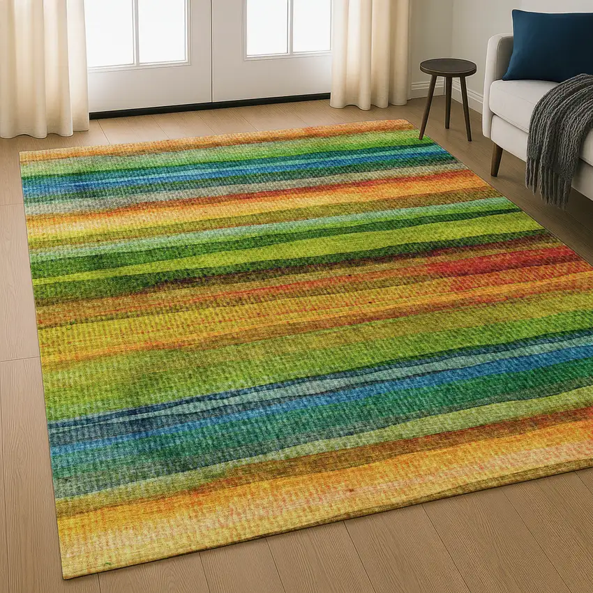 Green And Teal Striped Washable Area Rug With UV Protection Photo 5