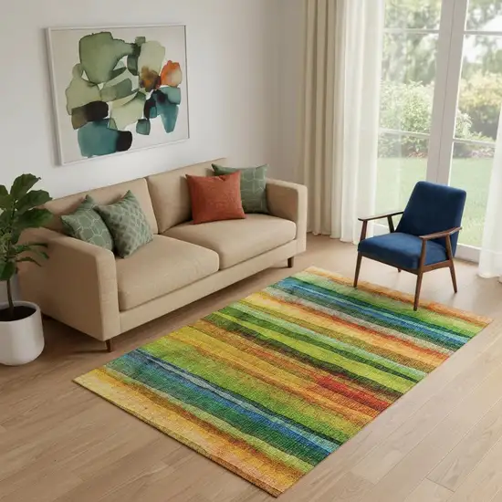 Green And Teal Striped Washable Area Rug With UV Protection Photo 2