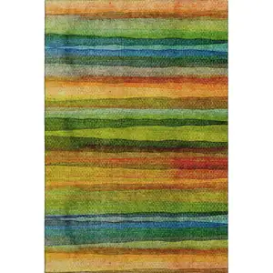 Photo of Green And Teal Striped Washable Area Rug With UV Protection
