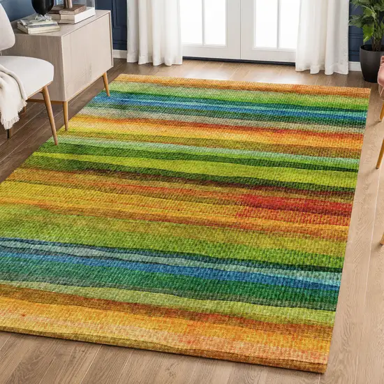Green And Teal Striped Washable Area Rug With UV Protection Photo 6