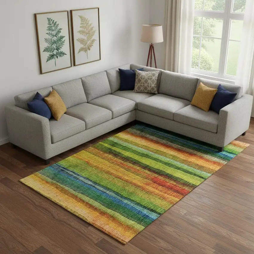 Green And Teal Striped Washable Area Rug With UV Protection Photo 2