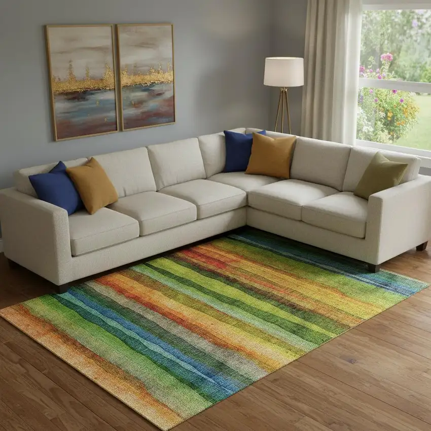 Green And Teal Striped Washable Area Rug With UV Protection Photo 2