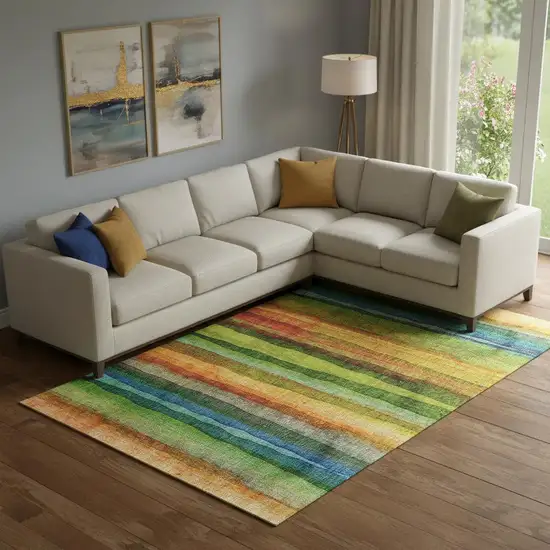 Green And Teal Striped Washable Area Rug With UV Protection Photo 2