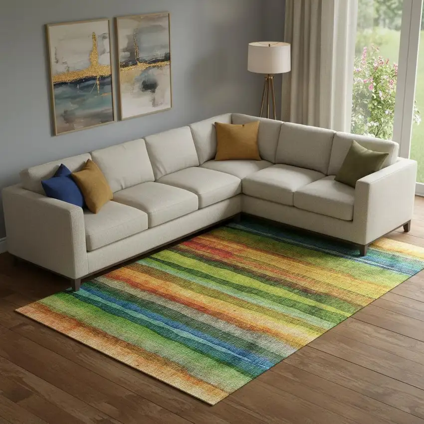 Green And Teal Striped Washable Area Rug With UV Protection Photo 2