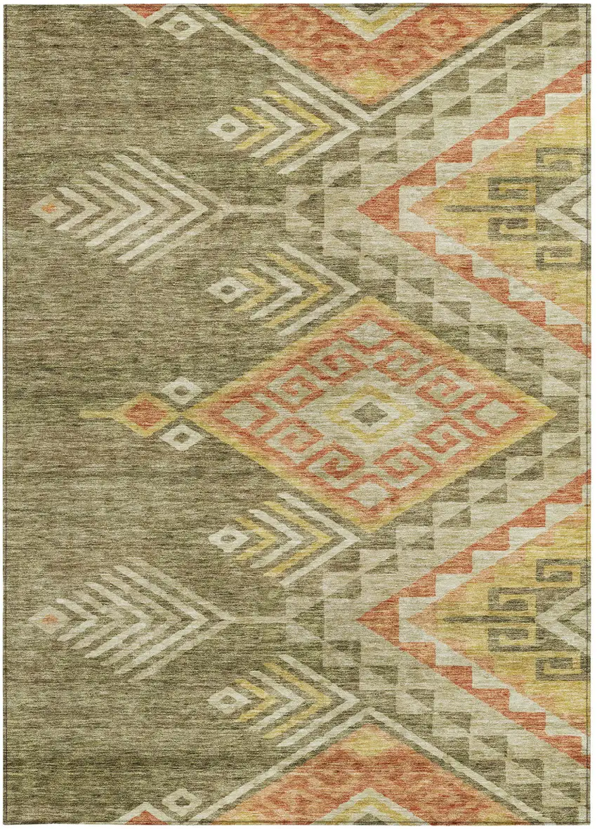 Green And Terra Cotta Southwestern Washable Indoor Outdoor Area Rug Photo 6