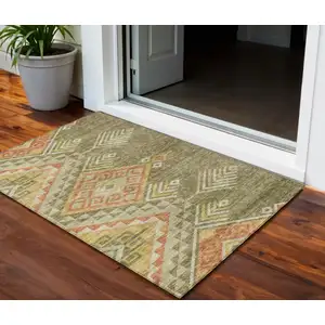Photo of Green And Terra Cotta Southwestern Washable Indoor Outdoor Area Rug