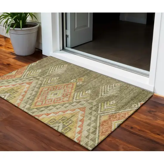Green And Terra Cotta Southwestern Washable Indoor Outdoor Area Rug Photo 1