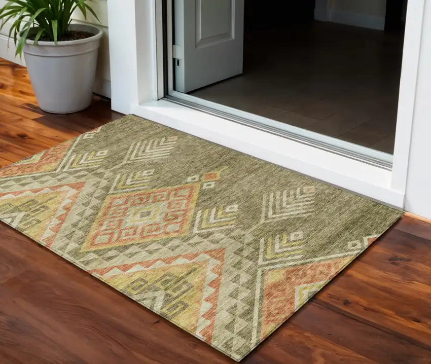 Green And Terra Cotta Southwestern Washable Indoor Outdoor Area Rug Photo 1