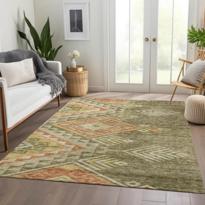 Green And Terra Cotta Southwestern Washable Indoor Outdoor Area Rug Photo 9