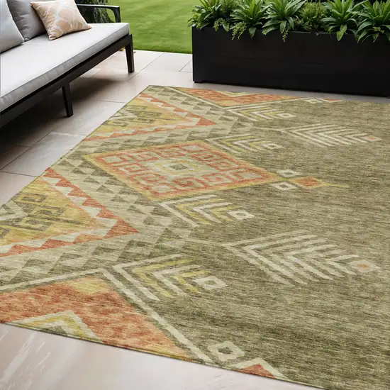 Green And Terra Cotta Southwestern Washable Indoor Outdoor Area Rug Photo 1