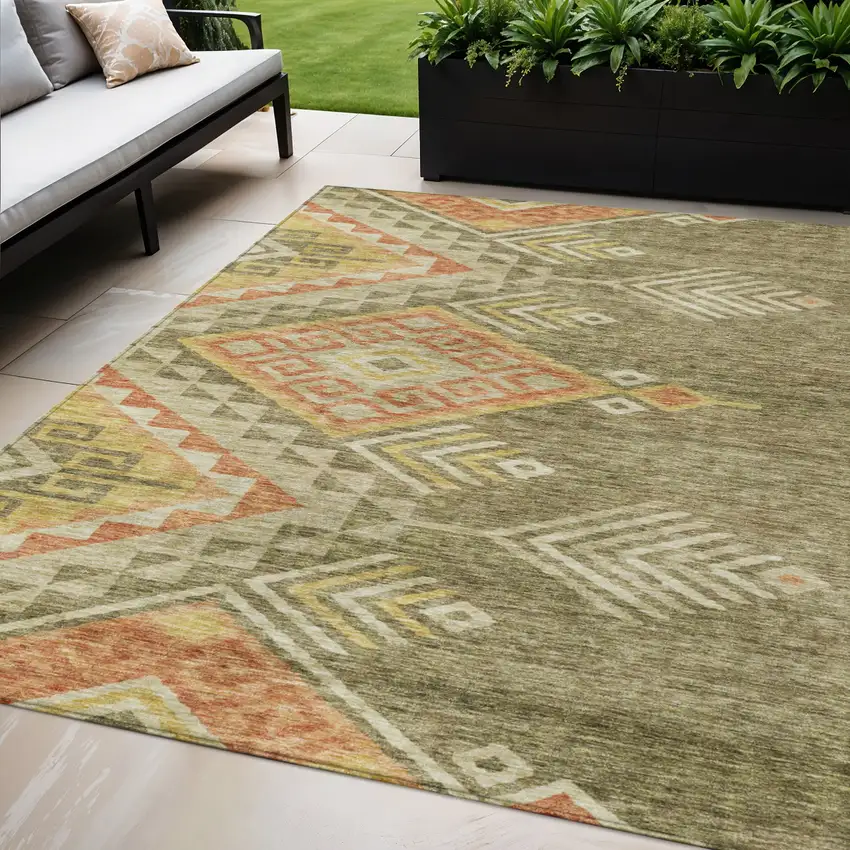 Green And Terra Cotta Southwestern Washable Indoor Outdoor Area Rug Photo 1