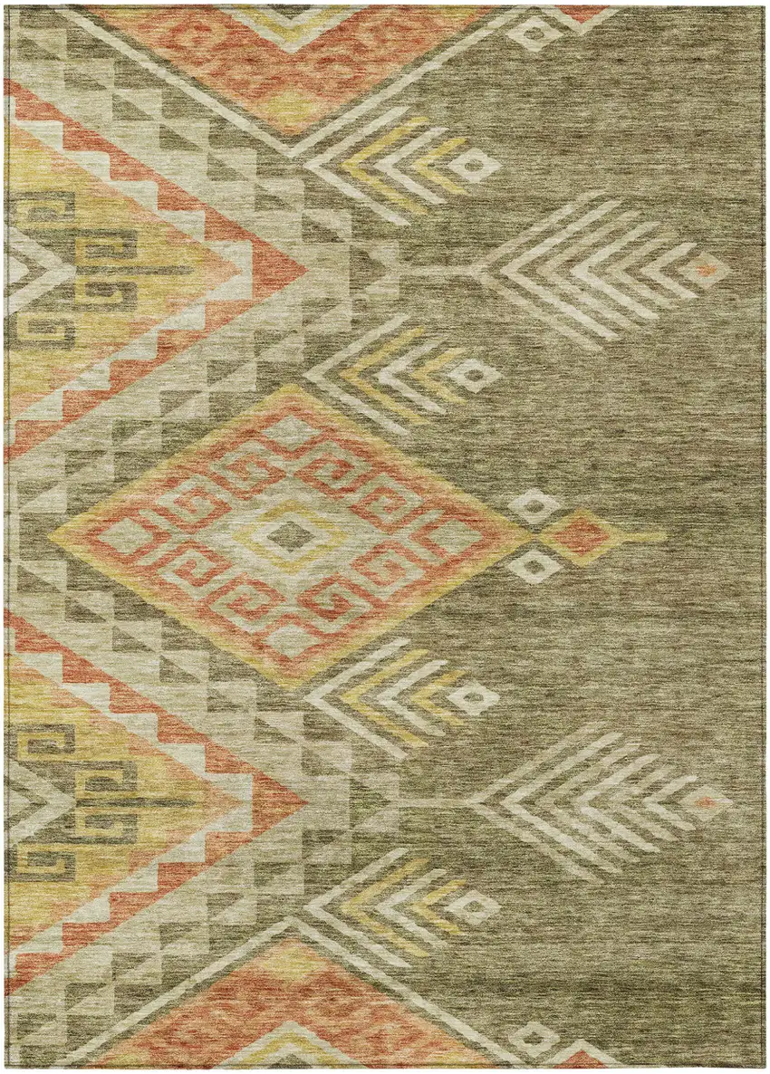 Green And Terra Cotta Southwestern Washable Indoor Outdoor Area Rug Photo 2
