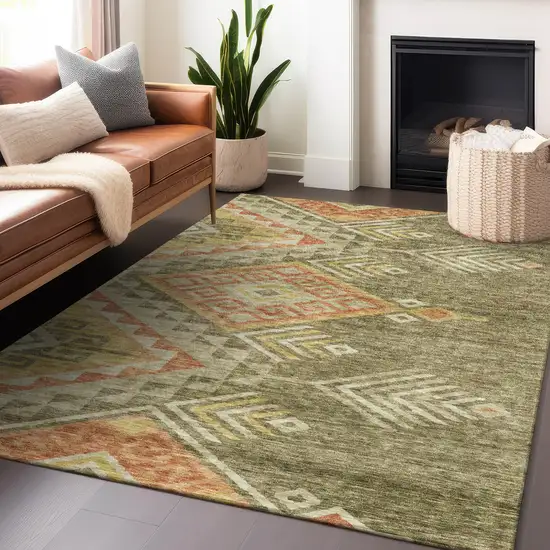 Green And Terra Cotta Southwestern Washable Indoor Outdoor Area Rug Photo 9