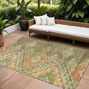 Photo of Green And Terra Cotta Southwestern Washable Indoor Outdoor Area Rug