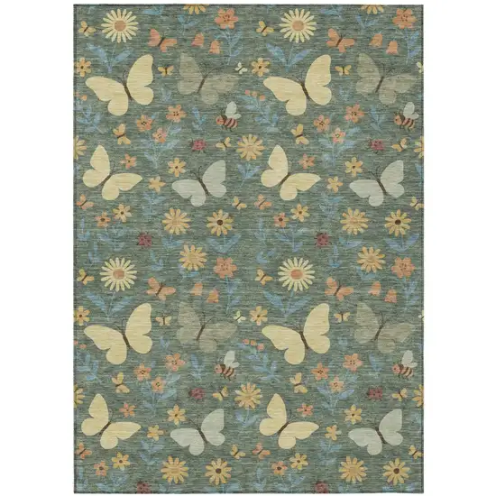 Green And Wheat Abstract Washable Indoor Outdoor Area Rug Photo 1